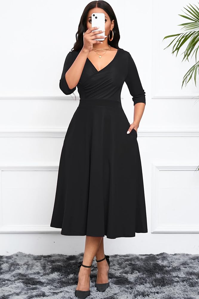 Nmoder Women's Casual Wrap Flared Midi Dress Wedding Guest Nmoder Women's Casual Wrap Flared Midi Dress Wedding Guest